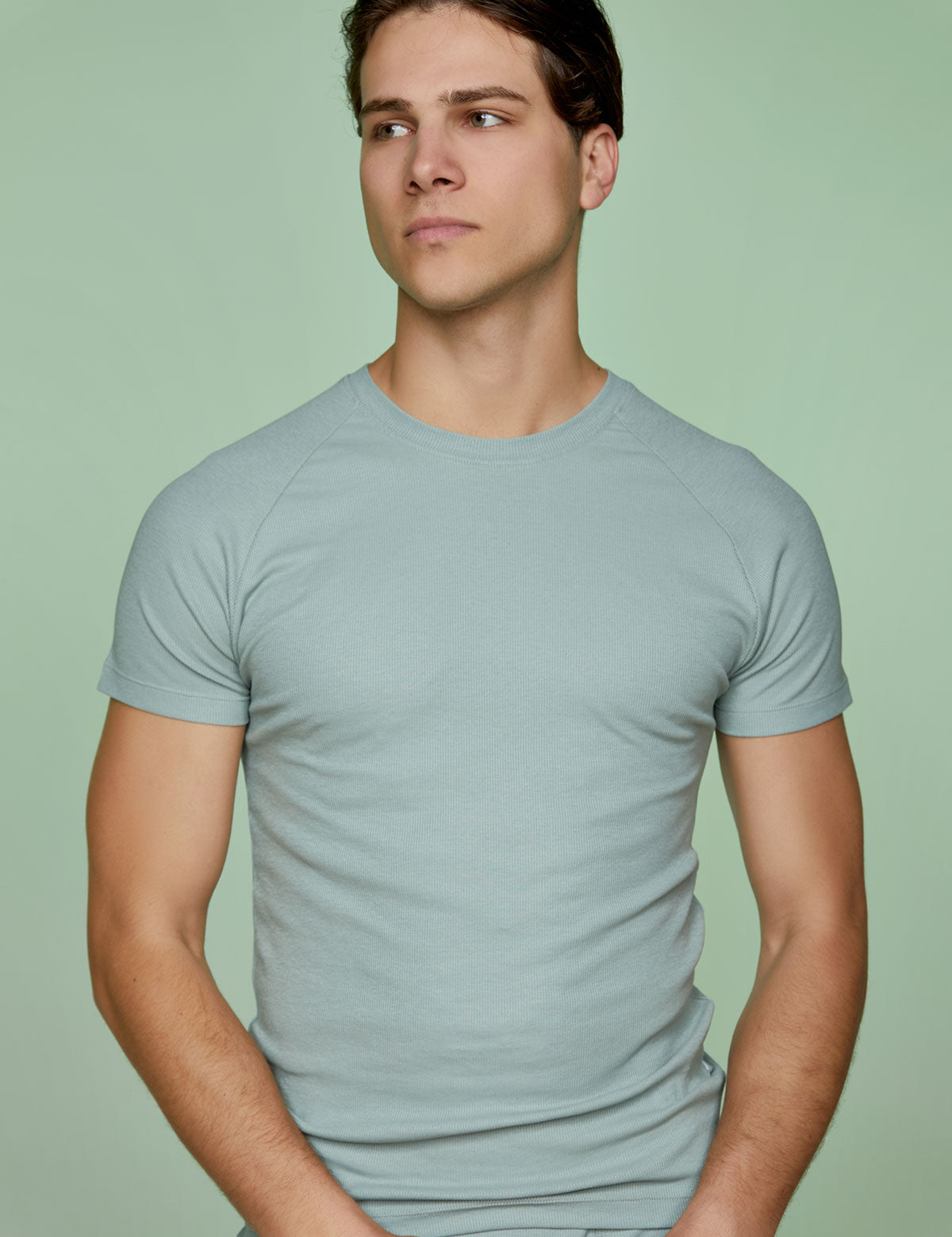 Ribbed Cotton Basic Tee Raglan Short Sleeve Crew neck