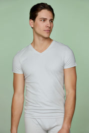 Ribbed Cotton Basic Tee Short Sleeve V neck