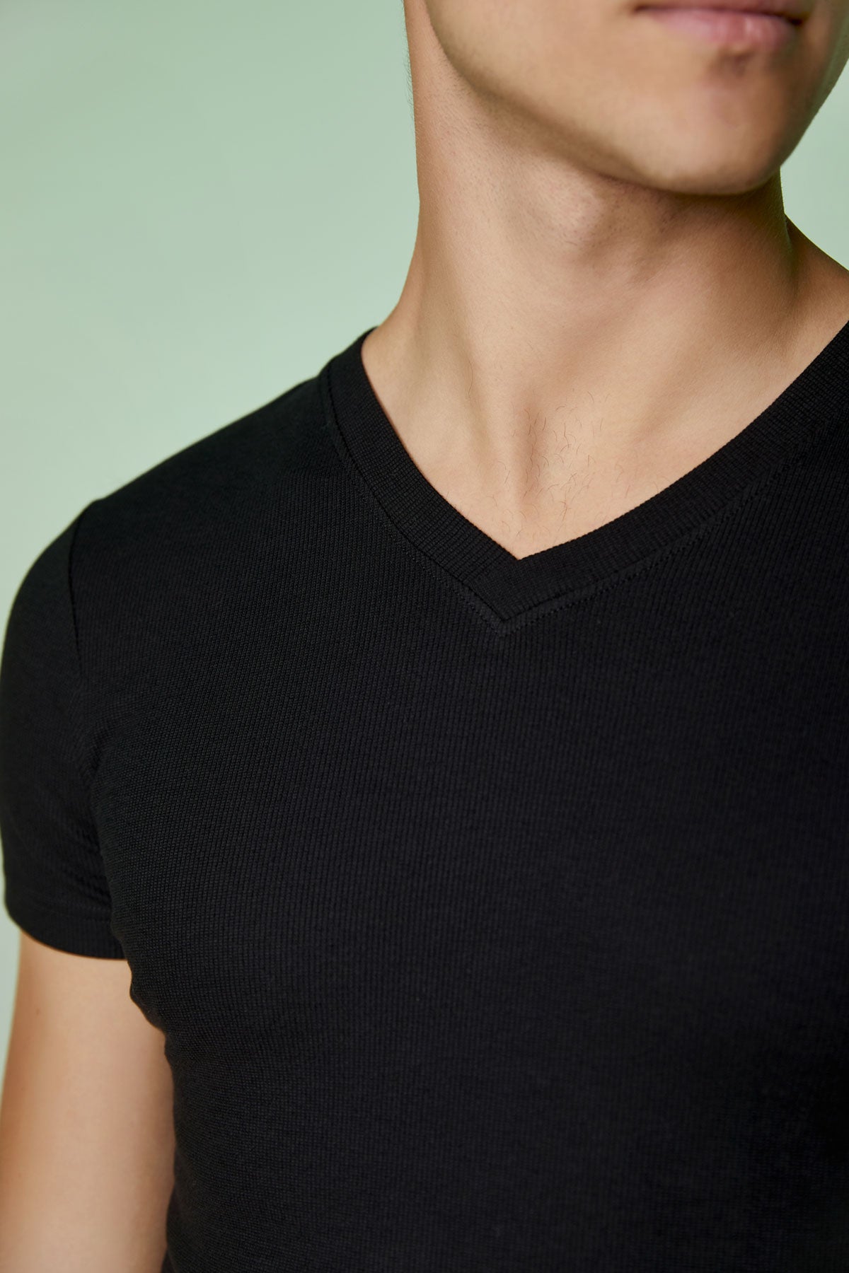 Ribbed Cotton Basic Tee Short Sleeve V neck